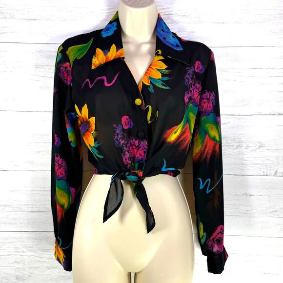 VTG Hot stuff Y2K small black floral tie crop women blouse Fairycore whimsygoth - Picture 1 of 8